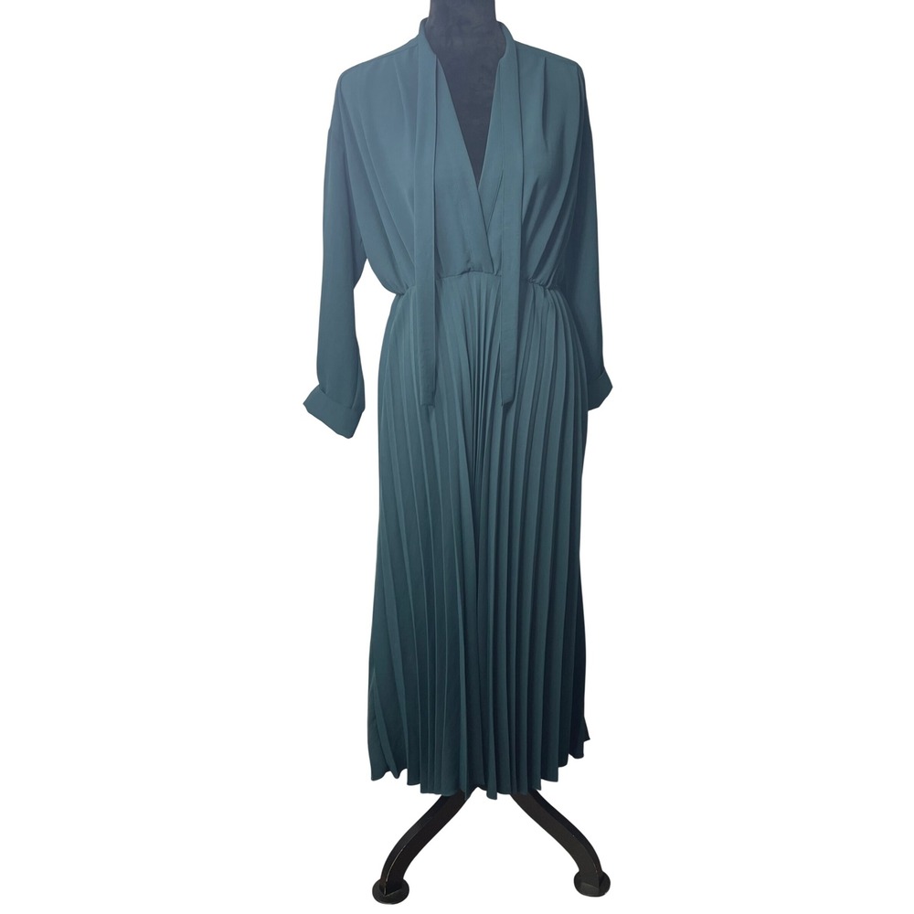 Zara Dress Womens Medium Green Pleated Midi Tie Neck Long Sleeve Solid